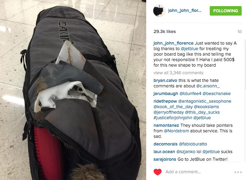 [SURF]　サーファーの悪夢　アメリカのLCC  JET BLUEが John Johnのボードバックをズタズタに